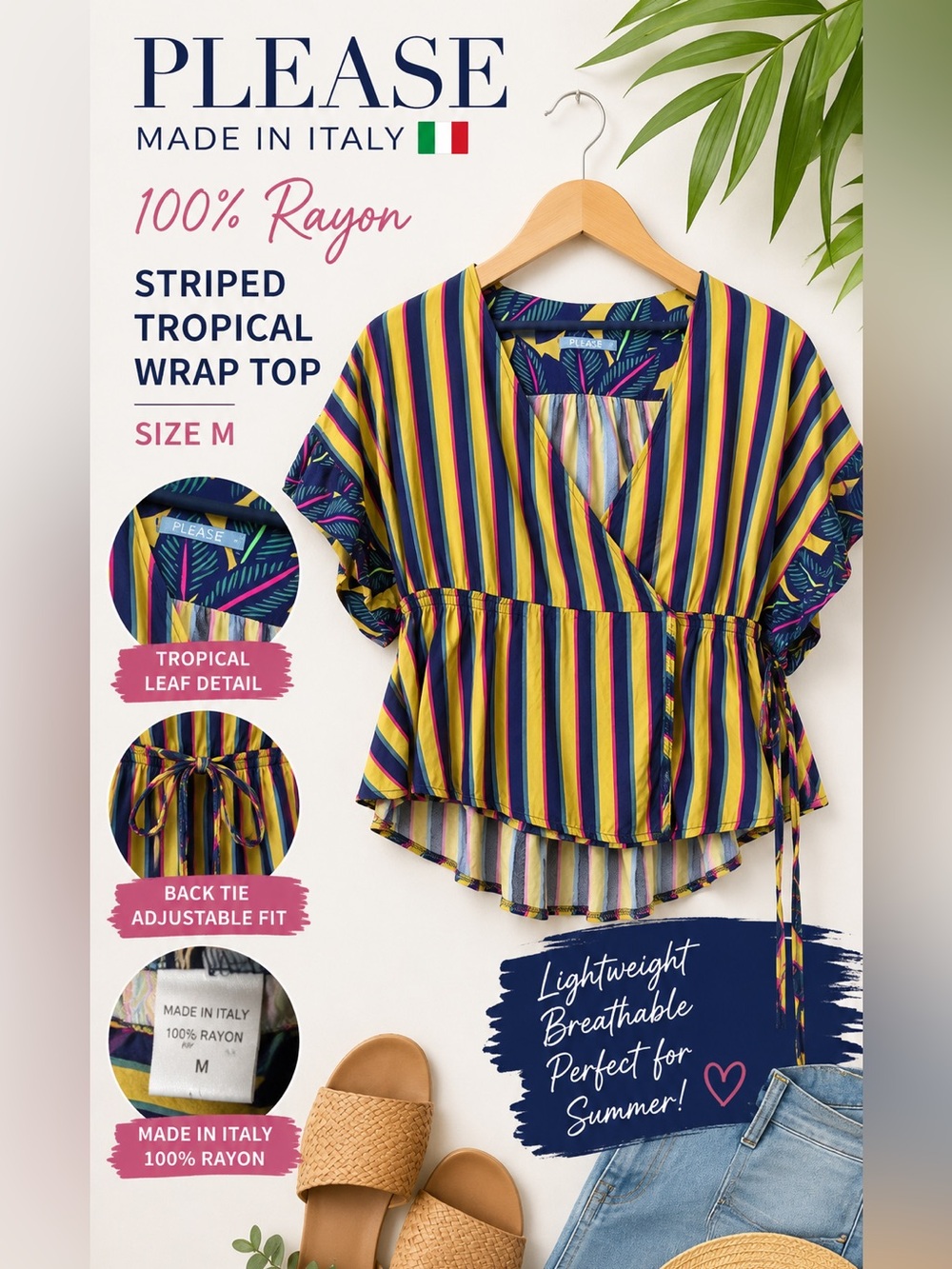 PLEASE Italy Striped Faux Wrap Peplum Blouse 100% Rayon Made in Italy Size M